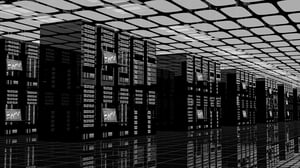 black and white image of servers in a data center, signifying AI data residency